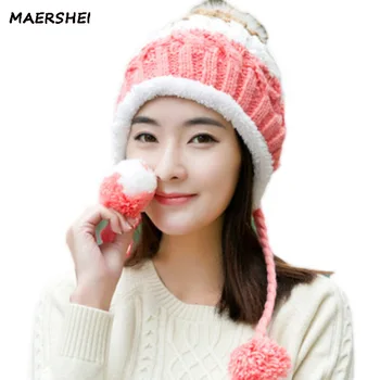 

MAERSHEI Winter Women Fur Ball Knitted Hat Beanies Female Girls Warm Pom pom Bonnet Gorros Cap