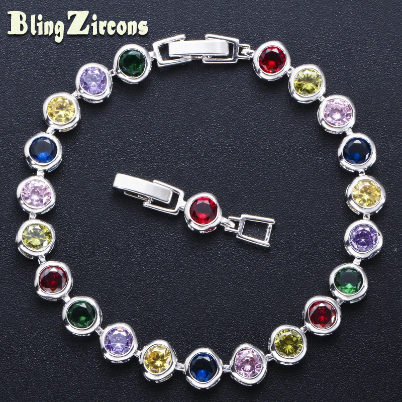 

BeaQueen Fashion Silver Color 5 mm Round CZ Crystal Ladies Tennis Bracelets Multicolor Stone Setting Colorful Jewelry B144
