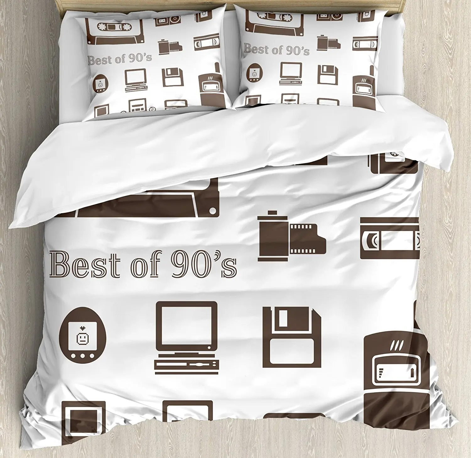

90s Duvet Cover Set Icons Pattern With Desktop Computer Video Game Joystick Nostalgia Theme Print 4 Piece Bedding Set