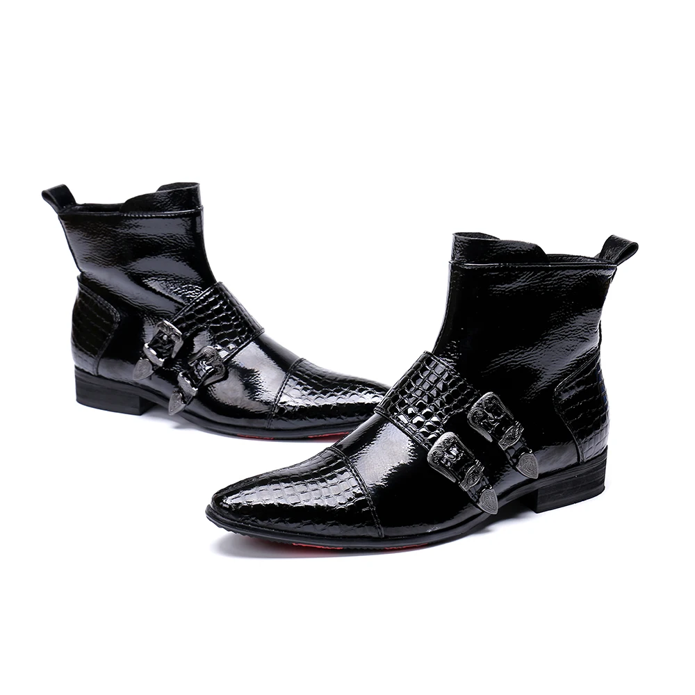 Moda Preto Outono Fivela Do Bella De Dedo Pé Botas Pontas Plus Size Inverno Genuíno Couro Curtas Cowboy Christia Vestido Homens Masculinas RBtqw