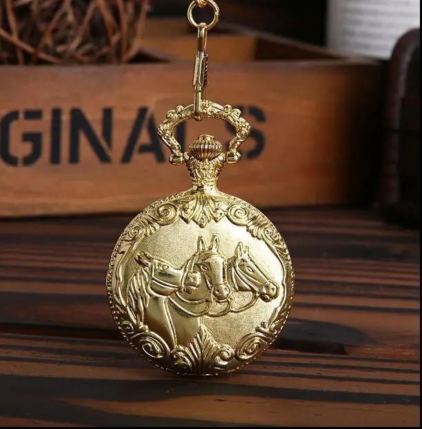 

Vintage classic golden three little horse pattern Flip clock steampunk pocket watch Wholesale 10 PCS/lot