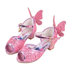 Новые летние девушки сандалии бабочки блестки детская Обувь на высоком каблуке принцесса девушки обувь 26-37
