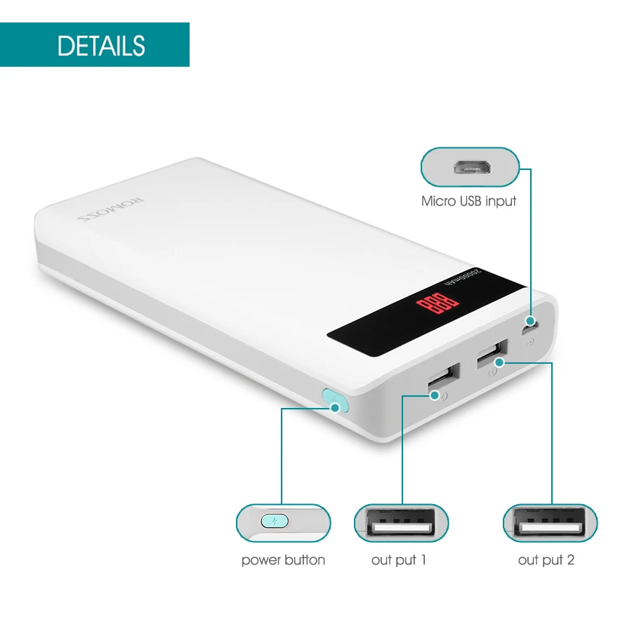 ROMOSS Sense, 6 P, 20000 мА/ч, портативное Внешнее зарядное устройство, светодиодный, с двойным USB дисплеем, быстрое зарядное устройство для Iphone, samsung, S8, iosx
