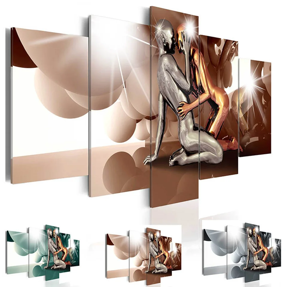 

Canvas Painting HD Wall Art Print 5 Panel Gold Silver Kissing Men Women Figure Poster Modern Creative Home Decor Modular Picture