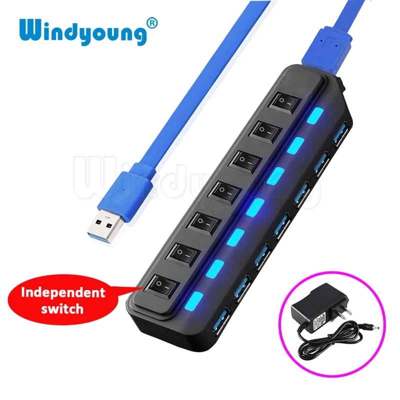 Windyoung USB3.0 концентратор 7 портов с зарядкой питания и переключателем несколько USB адаптер питания светодиодный Переключатель ВКЛ/ВЫКЛ разветвитель для ПК ноутбука