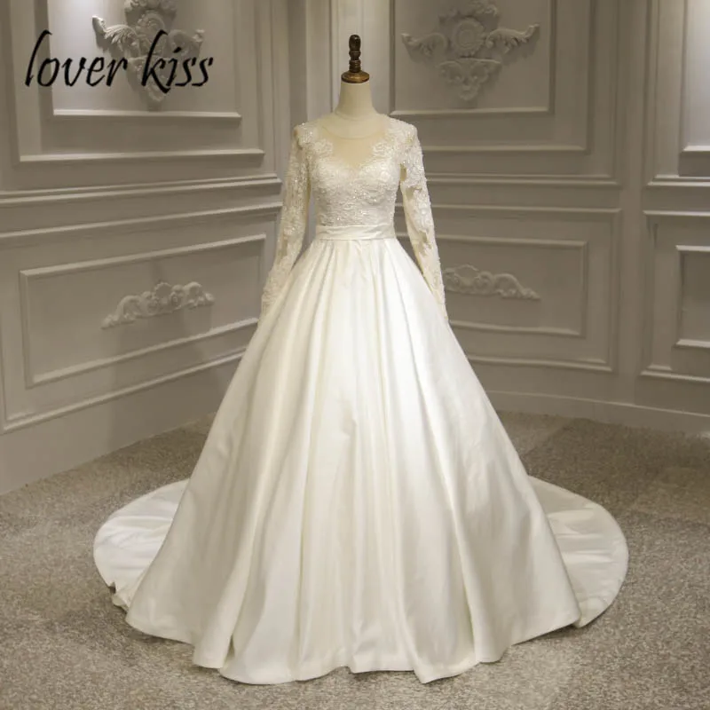 

Lover Kiss Vestido De Noiva 2019 Romantic Lace and Satin Wedding Dress Long Sleeves Church Wedding Beaded Festival Bridal Gowns