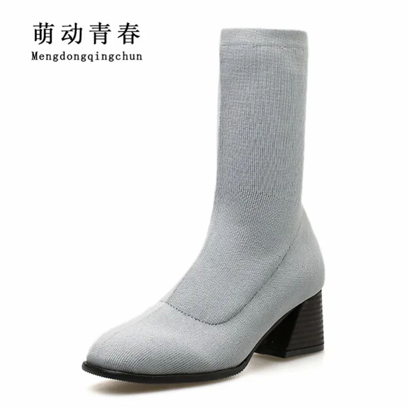 

2018 Women Boots Fashion Round Toe Autumn Winter Boots Knitting Stretch Fabric Slip on Ankle Boots Slim Thigh Knight Boots