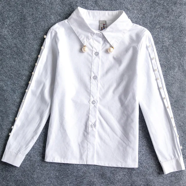 Белые школьные блузки для девочек; коллекция года; сезон осень; детские блузки с длинными рукавами для девочек; детская блузка для девочек; однотонные Блузы с жемчужинами для девочек; топы - Цвет: White