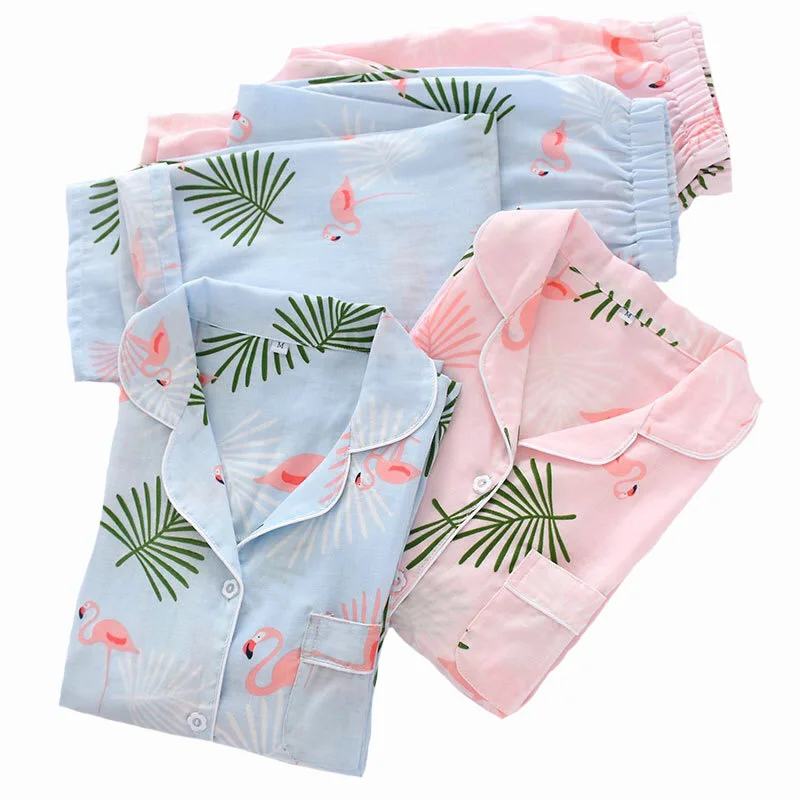 

Spring New Ladies Pajamas Set Flamingo Printed 100% Gauze Cotton Women Comfort Thin Homewear Set Long Sleeve+Pants Sleepwear Set