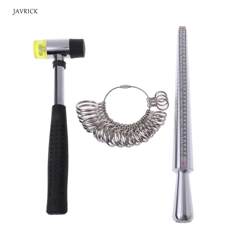 

3 in 1 Ring Jewelry Tool Kit Measuring Ring Sizer Mandrel Jewelers Rubber Hammer