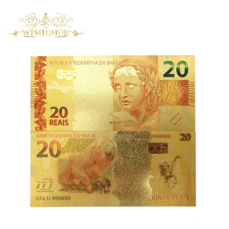 

10pcs/lot Color Brazil Gold Banknotes 20 Reals Banknote in 24K Gold Fake Paper Money For Collection