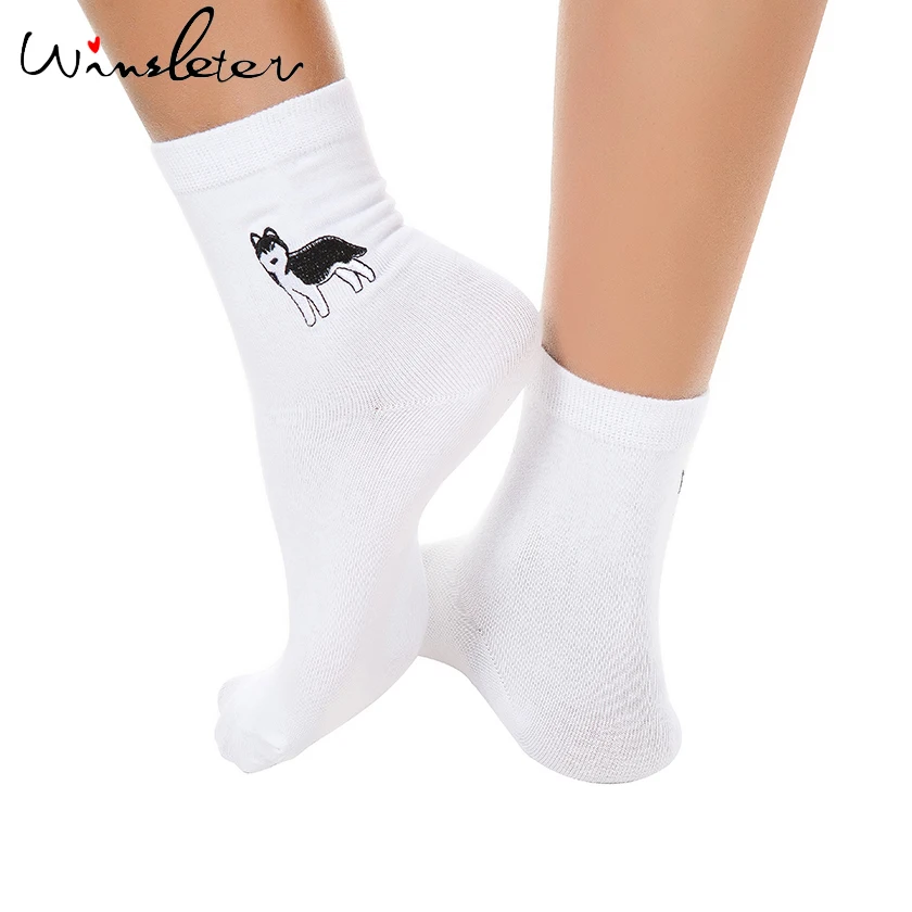 Женские носки белые носки с милыми животными Хаски вышивка хлопок собака Женские однотонные шелковые носки забавные A73201