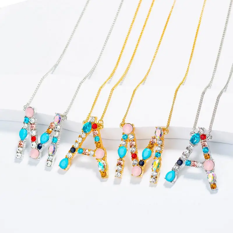 

26 Alphabet Letter Necklace Multi-color Crystal micro pave zircon Pendant Silver / Gold Charm Pendant Necklace for Women