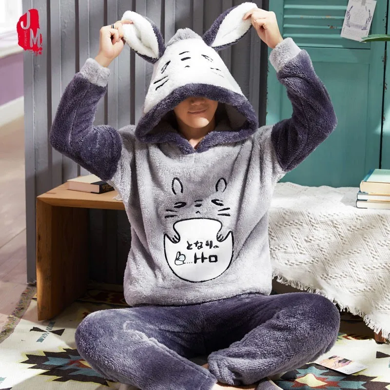

Winter Pajama Sets O-Neck Long Sleeve Pyjamas For Men Sleepwear Thick Warm Coral Fleece Hood Pajamas Cartoon PJS Set Loungewear