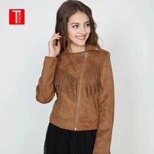 Осень-зима, новинка, женская мягкая замшевая куртка из искусственной кожи, женское осеннее пальто с кисточками, Байкерская коричневая матовая верхняя одежда на молнии