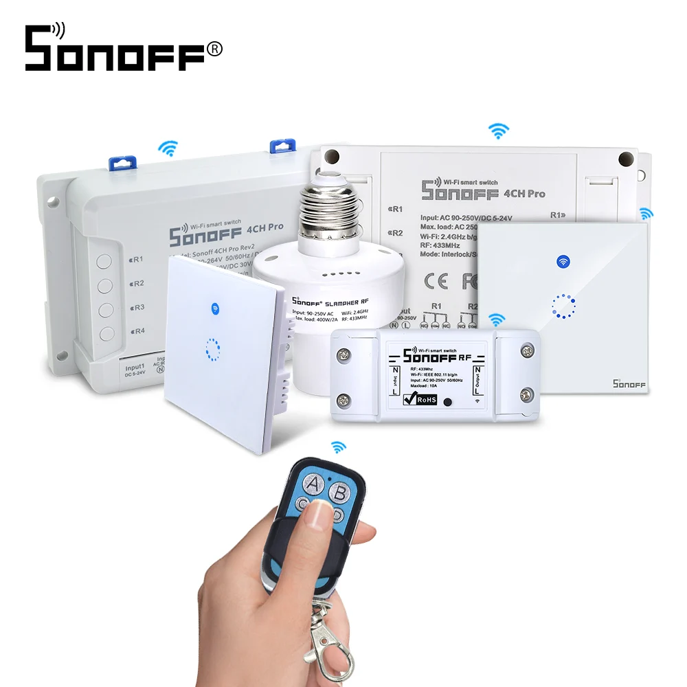 Интеллектуальный выключатель света SONOFF 433 МГц 4 кнопки канальный РЧ беспроводной доступ в Интернет Беспроводной дистанционного ключа обучения копия 4CH брелок Управление для Google умный дом Управление;