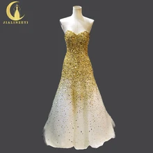 100% Real Picture New Arrival Sweetheart Gold Beads Crystal Sexy vestido de festa longo Bridal Wedding Gown wedding dresses