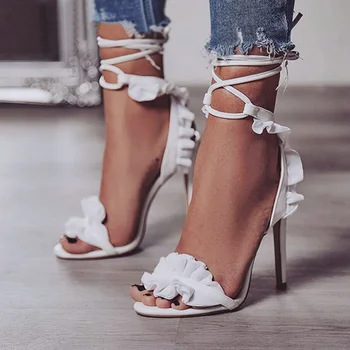 

2019 New Women High Heels Sexy Pumps Bridal Shoes Woman Floral White Shoes Lace Up Ladies Sandals Classic Pumps & Enlargers 43