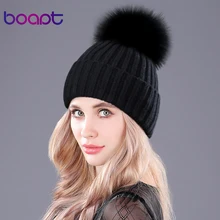boapt Warm Natural Raccoon Fur Hats for Women Knitted Braid Beanie Female Caps Pompon Headgear