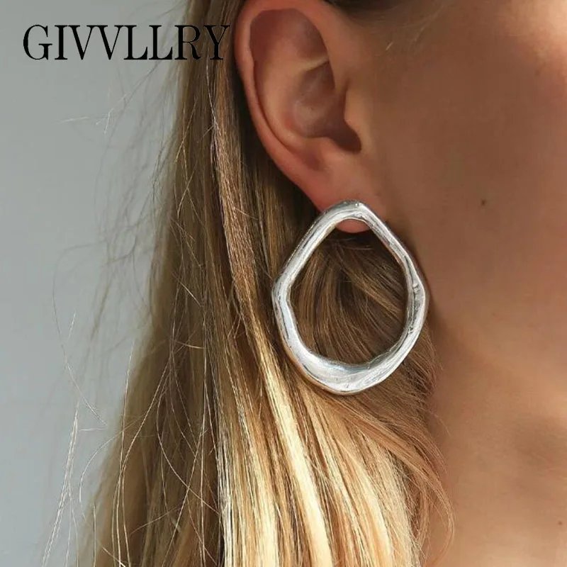 

GIVVLLRY Minimalist Geometric Stud Earrings for Women Creative Silver Color Irregular Hollow Big Round Earrings Fashion Jewelry