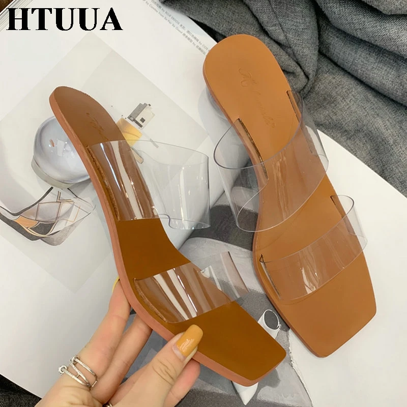 

HTUUA 2019 Transparent Round Ball Heel Slippers Women Sandals Clear PVC Square Toe High Heels Sandals Ladies Summer Shoes SX2775