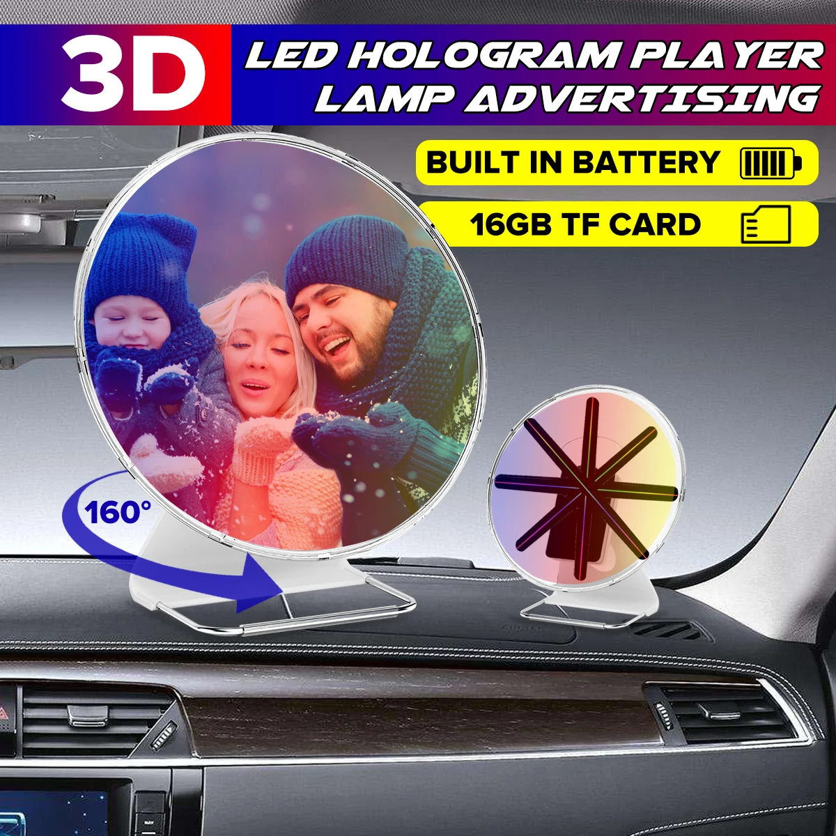 Portable 30CM 3D Holographic Projector With Battery Hologram Player LED Display Fan Advertising Light APP Control