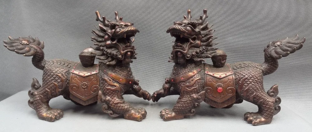 

009199 12" Chinese Bronze Buddhist YuanBao Coin FengShui Dragon Kylin Beast Statue Pair