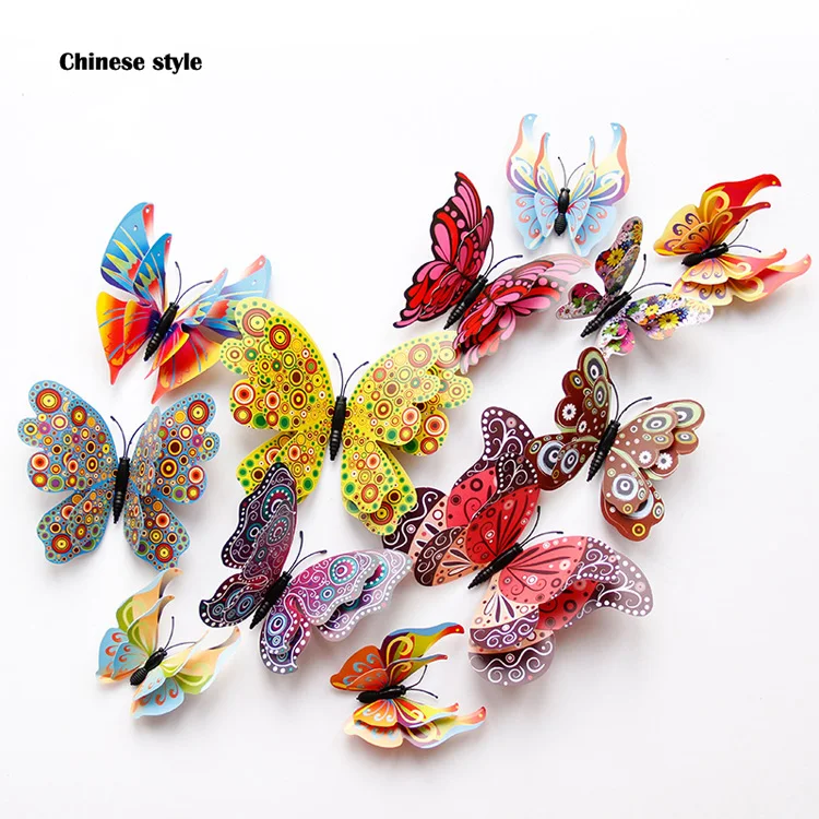 New style 12Parts Double layer 3D Butterfly Wall Stickers on the wall Home Decor Butterflies for decoration Magnet Fridge stickers