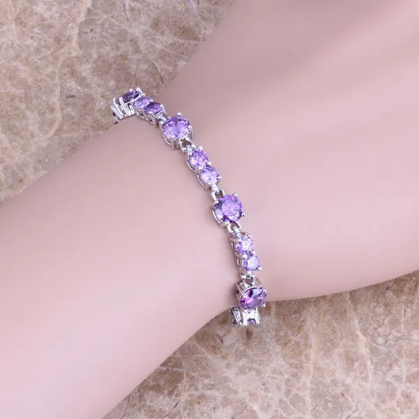 Выборки фиолетовый кубический циркон 925 пробы Серебряная цепочка браслет 7 дюймов для Для женщин S0252