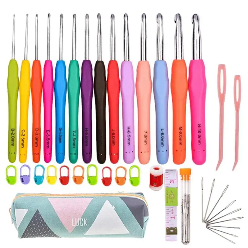 1 Set Handle Crochet Hook Needles Bag Knit Craft Kit Sewing Tool Case Sewing Knitting Needles Metal Crochet Sweater Needle Set - Цвет: 14pcs M