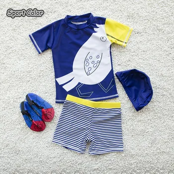 

New Lovely Birds Kids Swimsuit Quality Boys Baby Swimwear Two-pieces Bath Suit Infant Blue Stripe Children Beachwear 2-10Years