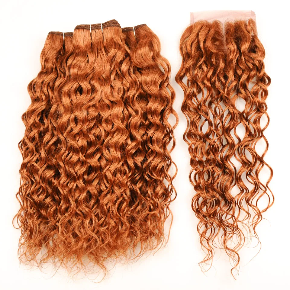 

Pinshair Indian Hair Water Wave 3 Bundles With Closure Honey Blonde 30 NonRemy Human Hair And Lace Closure 10-26 Inch Thick Hair