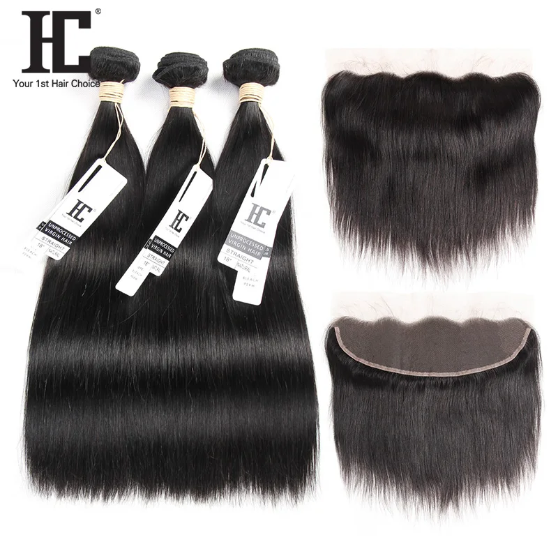 baratas HC Cabelo de Orelha A Orelha Fechamento de Renda Frontal Com Feixes 3 Não Remy Do cabelo Humano Direto Brasileiro Tece Com Fechos 4 pçs lote