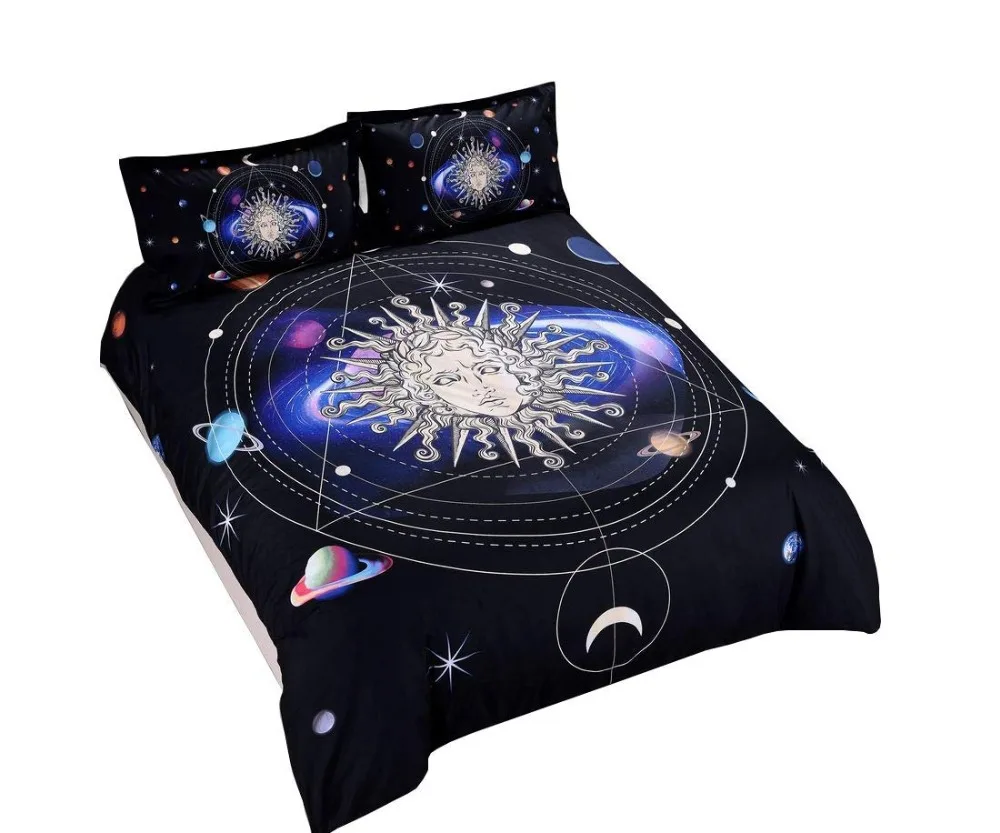

3D Galaxy Duvet Cover Set,Universe Sun God Star Accompanys Moon 3 Pieces Dark Blue Bedding Set