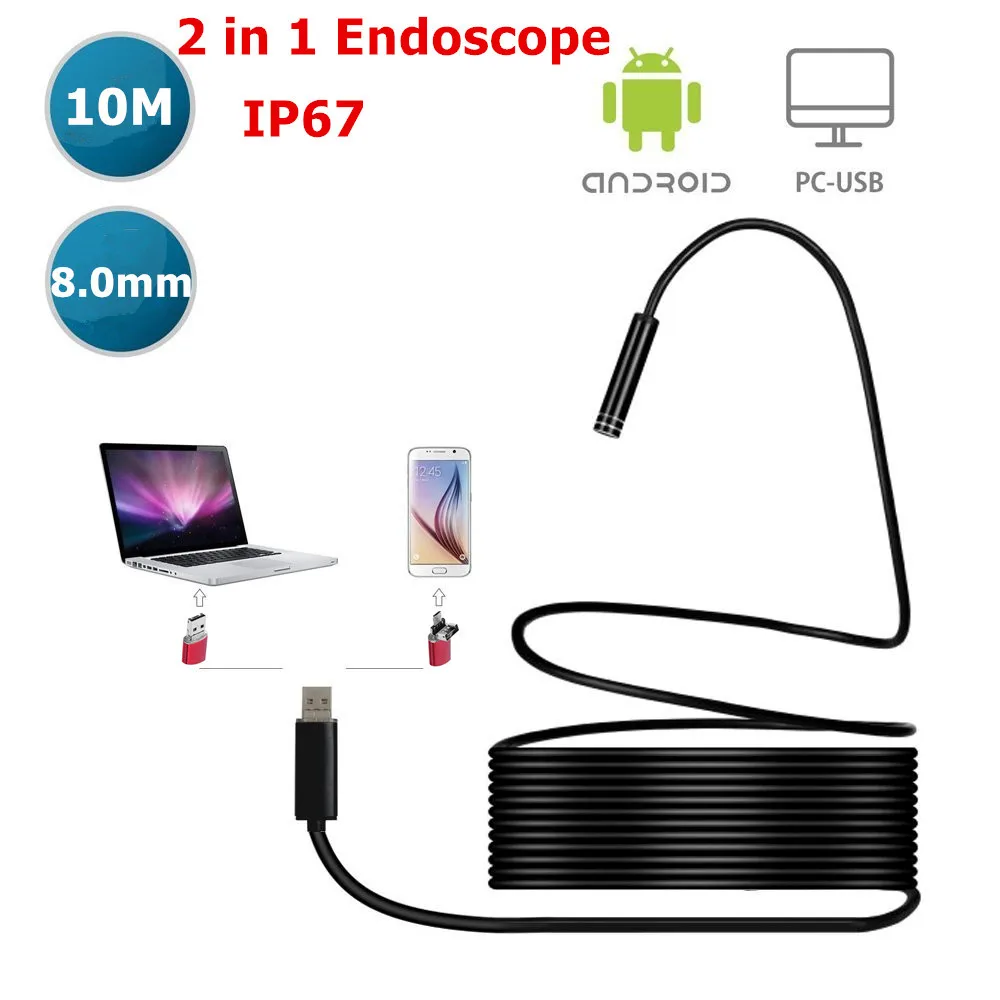 

2 in 1 Endoscope Camera 8.0mm 10M 6LED Waterproof Borescope Inspection Camera For PC Laptop Android Red Color