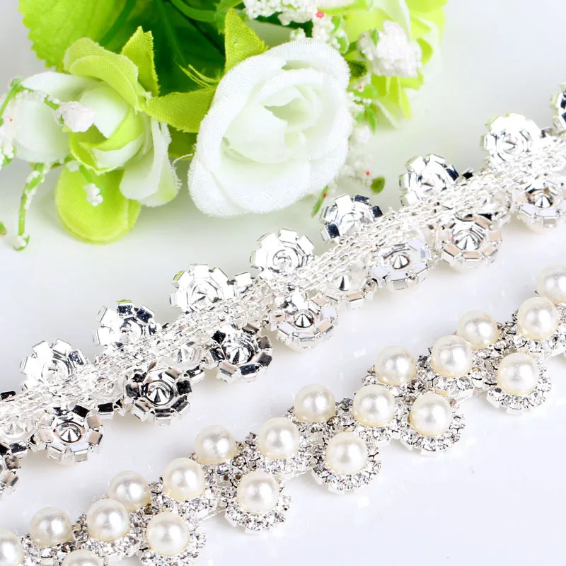 

High-quality goods! pearl Crystal Rhinestone Chain Silver Base sew-on Wedding dress and DIY clothing jewelry accessories 1yard