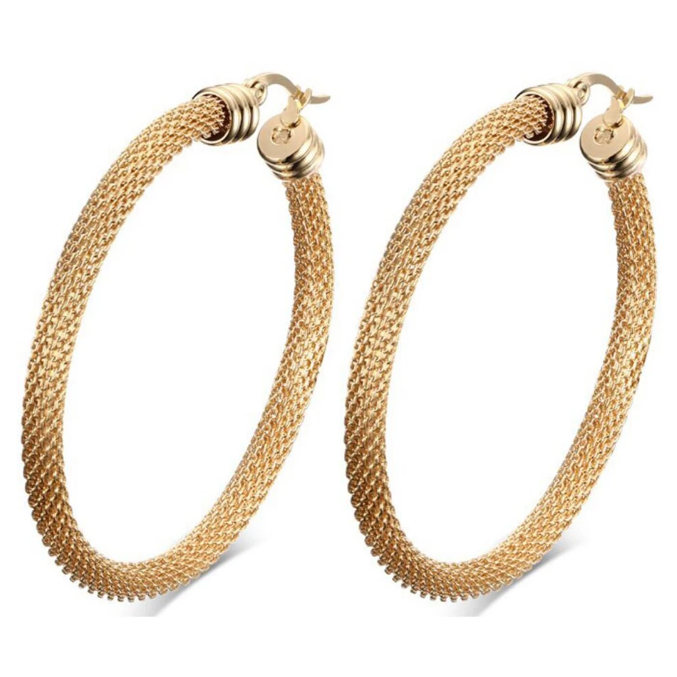 

New Arrival Earring For Women Gold-Color High Quality Stainless Steel Wire Mesh Women Wedding Female Big Round Hoop Earring
