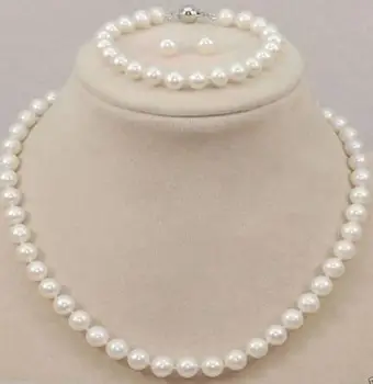 

free shipping luxury Noble jewelry stunning 9-10mm natural south seas white Pearl Necklace bracelet earrings