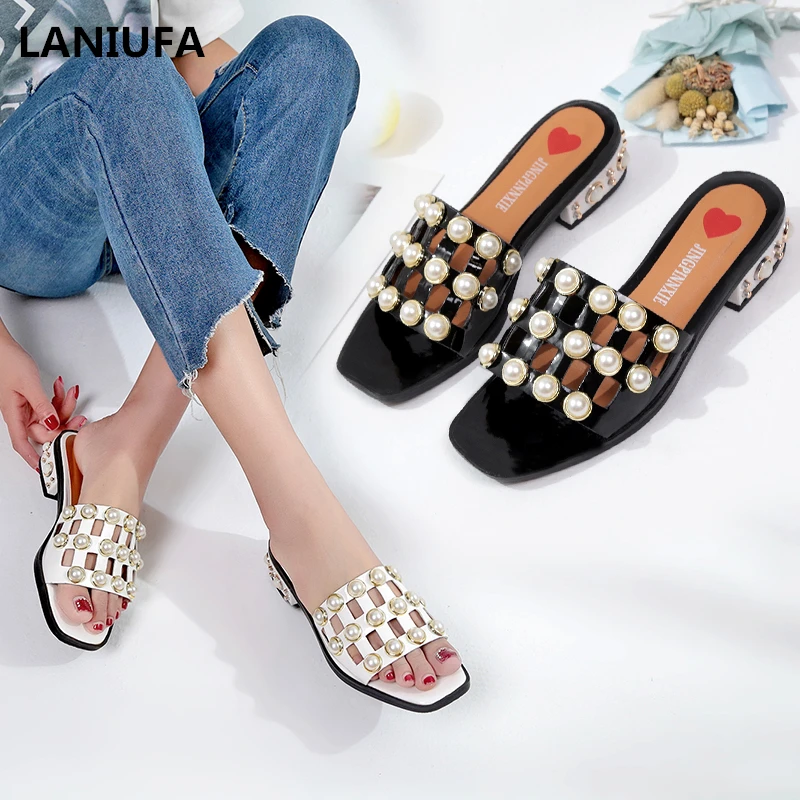 

Summer new mid heels Slippers women Slippers Sandals women Indoor Outdoor Pearl Flip-flops Beach Shoes women Sandals mujer #982