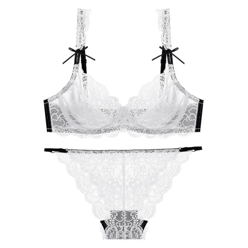 

Ultrathin lingerie set plus size bras A B C D Cup sexy lace bra set push up deep v-neck lace underwire women underwear Bow
