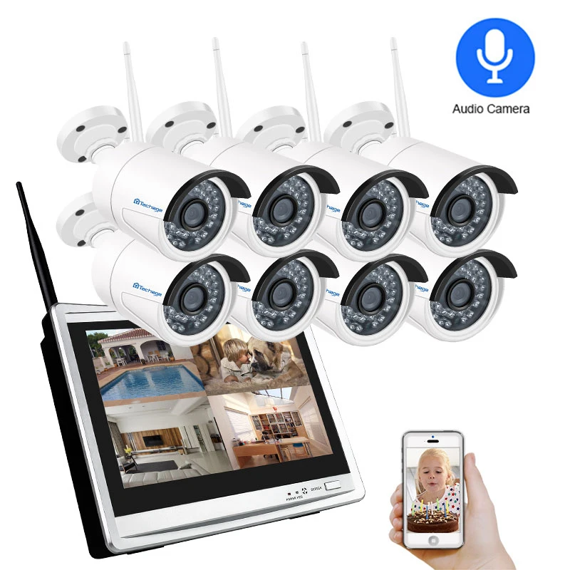 

Techage 8CH 1080P 2MP 12" LCD Monitor Wireless NVR Wifi Audio IP Camera System Video Surveillance Waterproof CCTV Security Kit