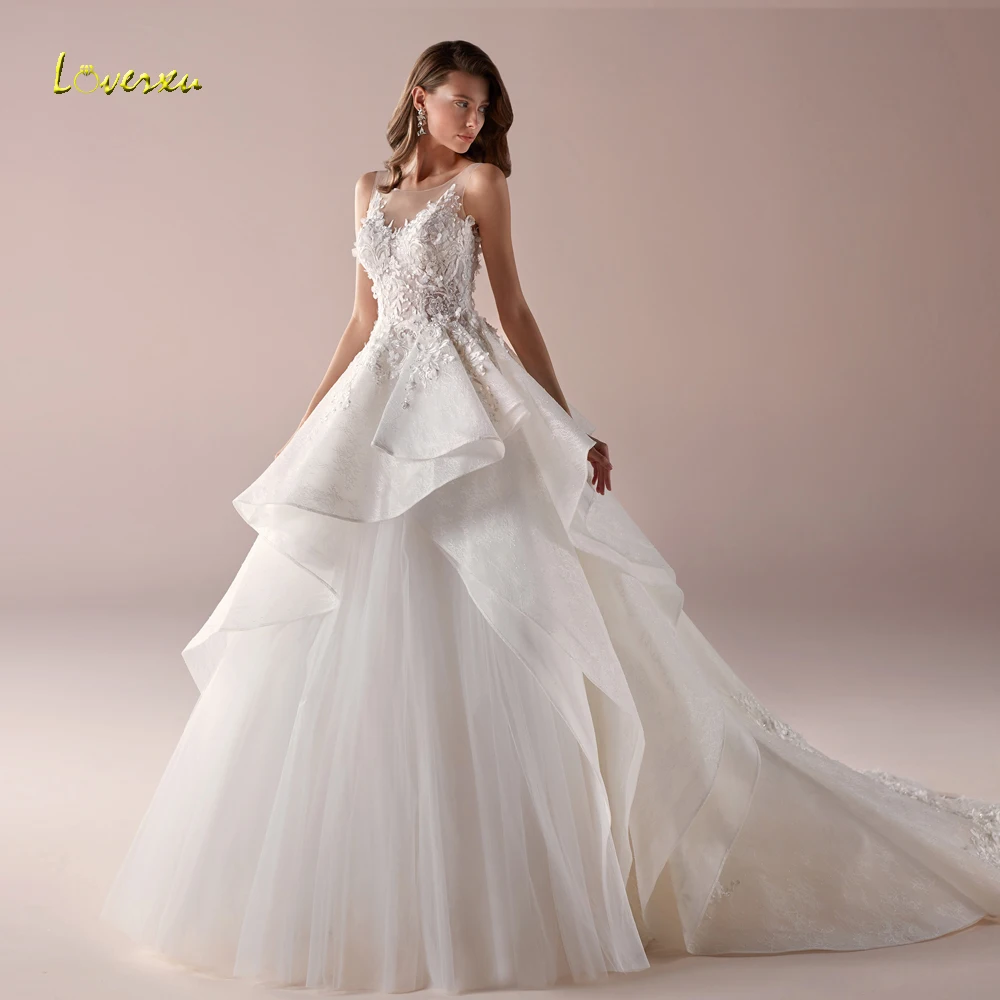 

Loverxu Sexy Illusion Ruched Lace A Line Wedding Dresses 2019 Luxury Appliques Beaded Flowers Court Train Vintage Bridal Gowns