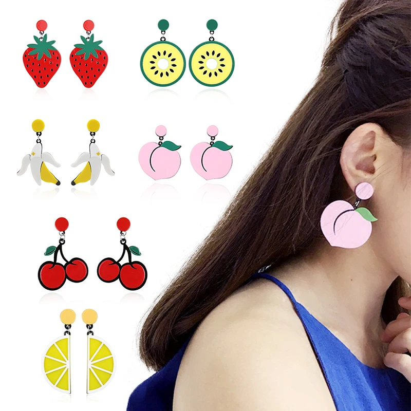 

LNRRABC Statement Large Women Earrings Girls Lemon Ear Stud Watermelon Acrylic Strawberry Fruit Series Dangle Jewelry Gift