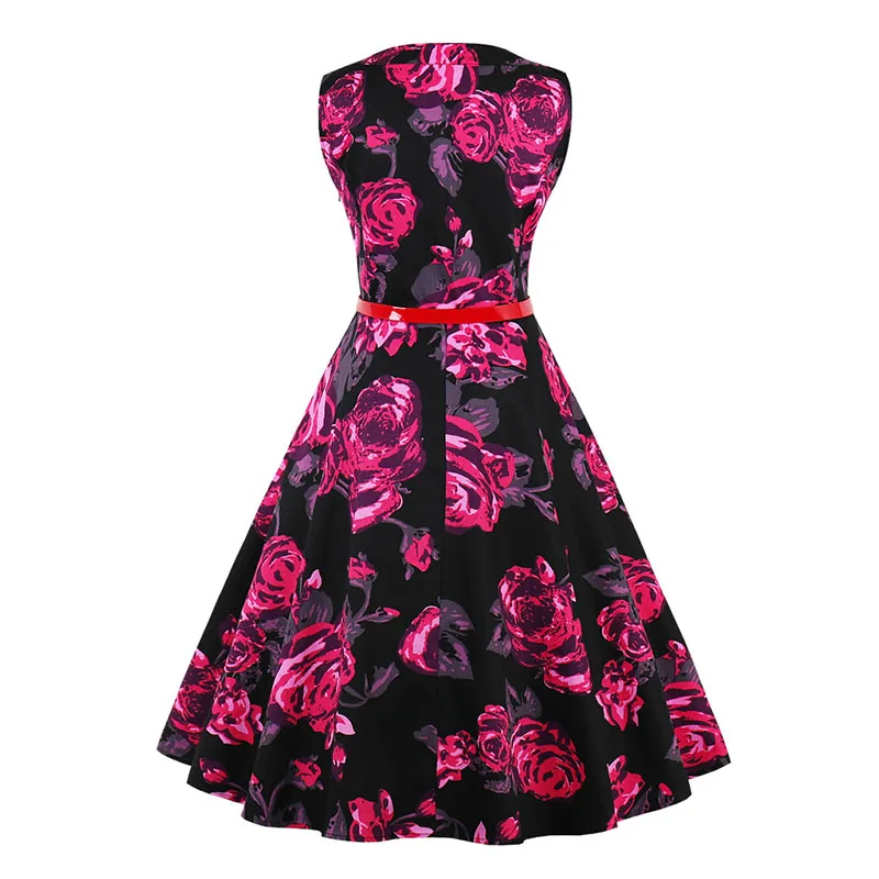 Kostlich 2018 Belt Tunic Women Summer Dress Sleeveless O-Neck Hepburn 50s 60s Vintage Dress Print Elegant Party Dresses Sundress (10)