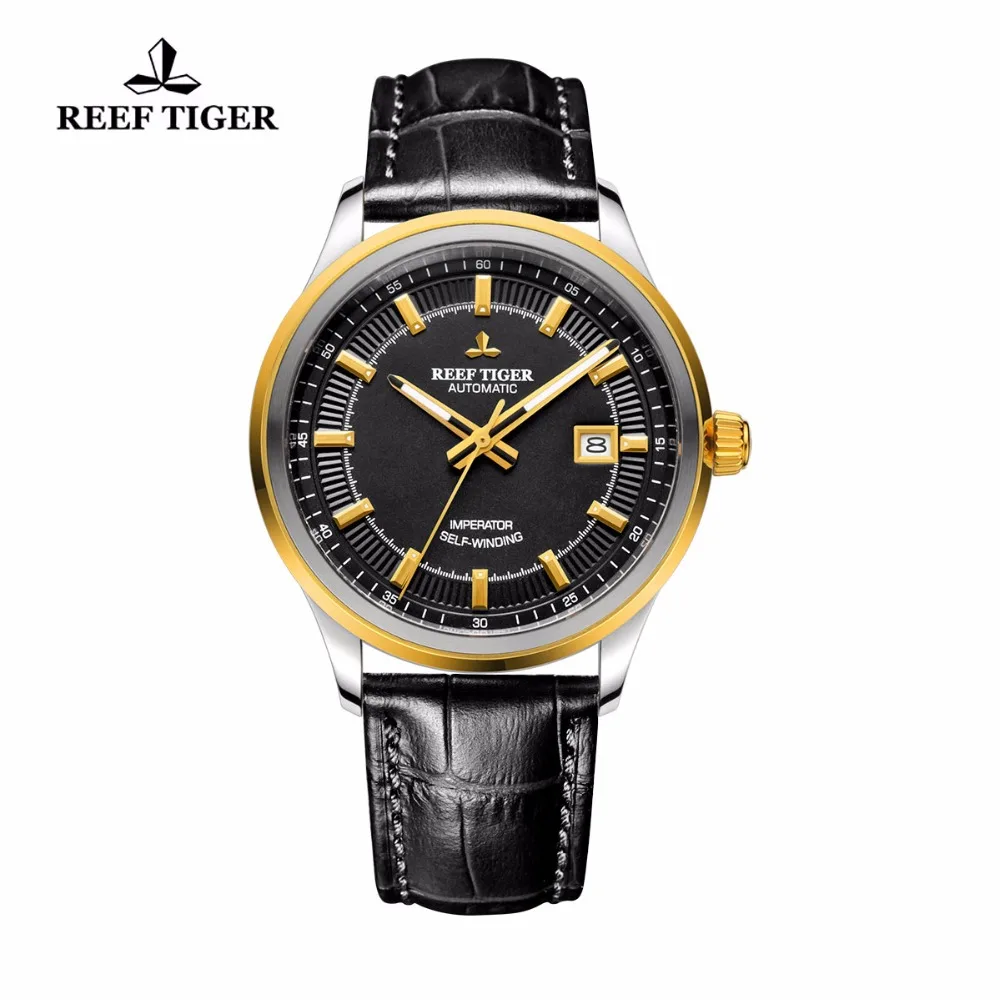 Мужские часы в деловом стиле Reef Tiger/RT стальные желтого золота Miyota 9015 супер