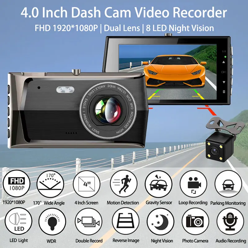 Car Video Recorder Dash Camera Portable Driving Recorder Camera Night Vision Car DVR Dual Lens 4Inch Ultrathin
