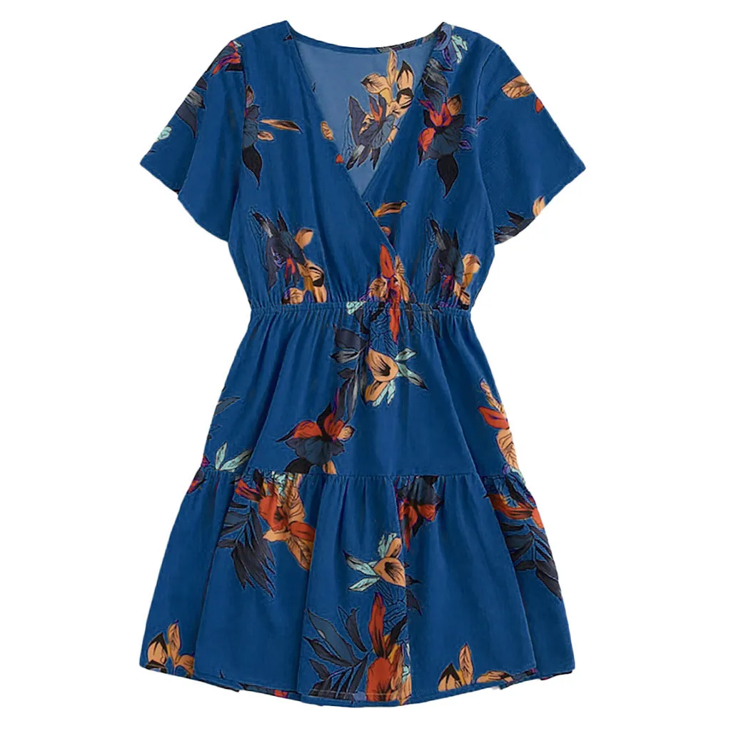 Богемное платье, женское Летнее цветочное мини-платье с коротким рукавом и v-образным вырезом, сексуальное повседневное пляжное платье Vestiti Donna - Цвет: Тёмно-синий