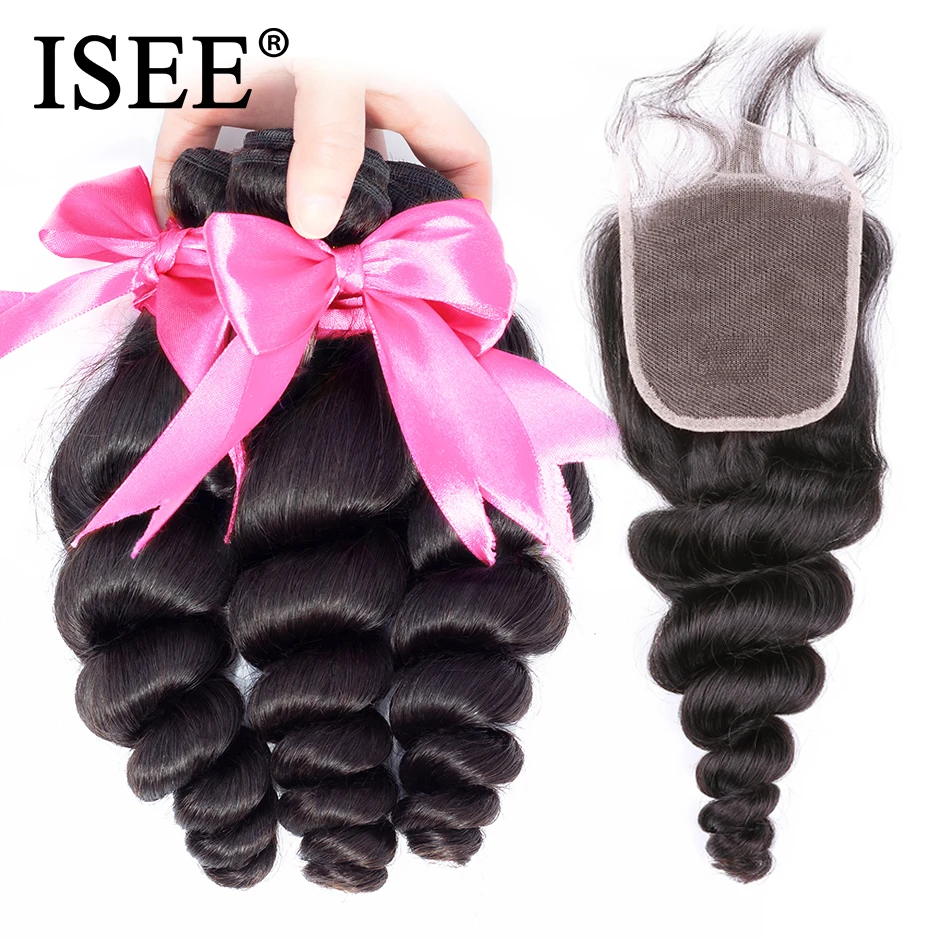 ISEE HAIR Brazilian Loose Wave Bundles With Closure 100% Remy Human Hair Bundles With Closure 3/4 Bundles Hair With Closure
