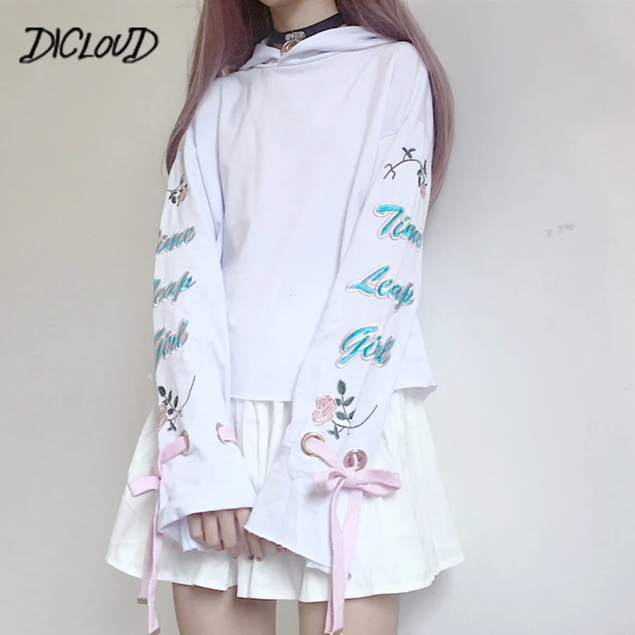 

DICLOUD Harajuku Embroidered Hoodie Woman 2018 Fashion Straps Long-Sleeved Pullovers Girls' Tops Black White Casual Sweatshirts