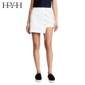 

HYH HAOYIHUI Women 2018 New Arrival Casual Solid Asymmetric Split Lace Up Mini Skirt Office Lady Basic Female Hot Short Skirt